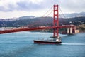 Large cargo ship travelling under Golden Gate Bridge