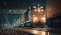 Large cargo train with goods leaving the terminal at night . Generative Ai