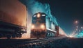 Large cargo train with goods leaving the terminal at night. Generative Ai.