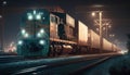 Large cargo train with goods leaving the terminal at night. Generative Ai