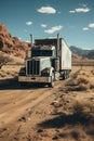 A large cargo truck driving on a solitary, scenic desert highway under the scorching sun