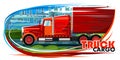 Large cargo truck. Emblem. Isolated vector object on white background. The red car rushes at high speed along the highway. Against