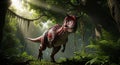A large carnotaurus is walking through a forest. The dinosaur is red and grey, and the lush environment is full of green Royalty Free Stock Photo