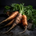 a large carrot with tops and earth on a black background. new harvest