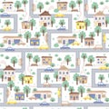 Cute kids town with streets and houses seamless pattern