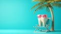 A large, cartoonish tooth wearing pink sunglasses lounges on a beach chair under a palm tree in vibrant turquoise surroundings,