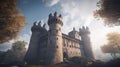 a large castle sitting on top of a lush green hillside