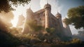 a large castle sitting on top of a lush green hillside