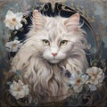 a large cat surrounded by flowers in front of a wall Royalty Free Stock Photo