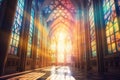 a large cathedral with stained glass windows and a sun beam coming through the windows on the ceiling of the room is a floor that Royalty Free Stock Photo