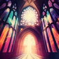 a large cathedral with stained glass windows and a sunbeam