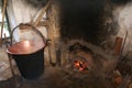 Large cauldron to heat whey for cheese production in a dairy ins