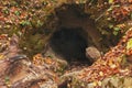 Large cave entrance in the autumn forest Royalty Free Stock Photo