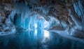 A large cave with ice formations hanging from the ceiling Royalty Free Stock Photo