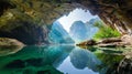 A large cave with a river running through it Royalty Free Stock Photo