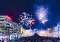Large celebration of the New year 2019 on the main Prague square, the Wenceslas square. Hundreds of people were lunching fireworks