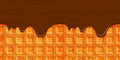 Large cellular wafer texture with chocolate coating. Brown glaze flows down on waffle background. Horizontal seamless element with