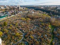 A large cemetery in the city, top view. Drone flight over the cemetery. The final resting place of the human soul