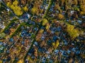 A large cemetery in the city, top view. Drone flight over the cemetery. The final resting place of the human soul