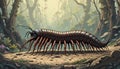 Giant Centipede Walking Through Forest Path with Lush Green Trees Royalty Free Stock Photo