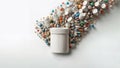 A large central pill jar with a white ribbed lid surrounded by a variety of colorful tablets and capsules of various shapes and