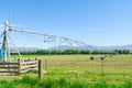 Large center pivot irrigation system running on a farm in Canterbury, New Zealand