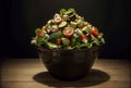 Large ceramic bowl with Greek salad on wooden table, on dark background. Neatly chopped vegetables: tomatoes, cucumbers, lettuce Royalty Free Stock Photo