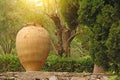 Large Ceramic Terracotta Pot in the Park. Botanical Garden of Taormina. The island of Sicily, Italy