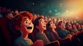 A large, cheering audience in a movie theater watches a heartwarming comedy