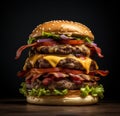 a large cheeseburger with bacon and tomatoes