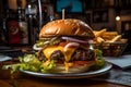 Large cheeseburger with lettuce, tomato, onion, pickle on moody dark background.