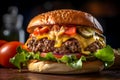 Large cheeseburger with lettuce, tomato, onion, pickle on moody dark background.