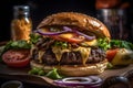 Large cheeseburger with lettuce, tomato, onion, pickle on moody dark background.