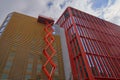 Large cherry picker against skyscraper buildings