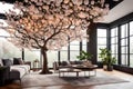 LARGE CHERRY TREE IN LOUNGE GENERATED BY AI TOOL Royalty Free Stock Photo