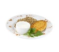 Large chicken cutlet with sauce and buckwheat Royalty Free Stock Photo