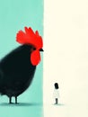 Large chicken is standing in front of a small girl Royalty Free Stock Photo