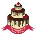 Large chocolate cake with cream, strawberries, cherries. International day of the cake. Vector