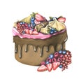 A large chocolate cake with icing, berries, waffles and meringue. Watercolor illustration. An isolated object from a