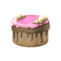 A large chocolate cake in pink glaze with a decoration of white chocolate balls. Watercolor illustration. An isolated