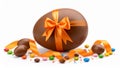 Large chocolate Easter egg with orange ribbon and colorful candies on white background Royalty Free Stock Photo