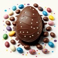 A large chocolate egg surrounded by small colored chocolate eggs