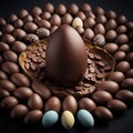 A large chocolate egg top view surrounded by small chocolate eggs.