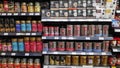 Large choice of flavored coffee for sale at supermarket