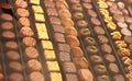 Large choice of handmade chocolates in rows Royalty Free Stock Photo