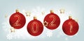 Large Christmas balloons with the inscription 2021. Greeting card on a Vector image on a light background with Golden hanging