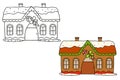 Large Christmas gingerbread house. Black-and-white and color outline illustration on a white background