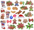 A large Christmas and New Year set of various elements. Watercolor. Illustration. Clipart. Hand drawn.
