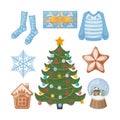 A large Christmas set with festive items such as a gift, a snow globe, a gingerbread, as well as a Christmas tree toy