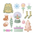 A large Christmas set with festive items such as a gift, a snow globe, a gingerbread, as well as a Christmas tree toy